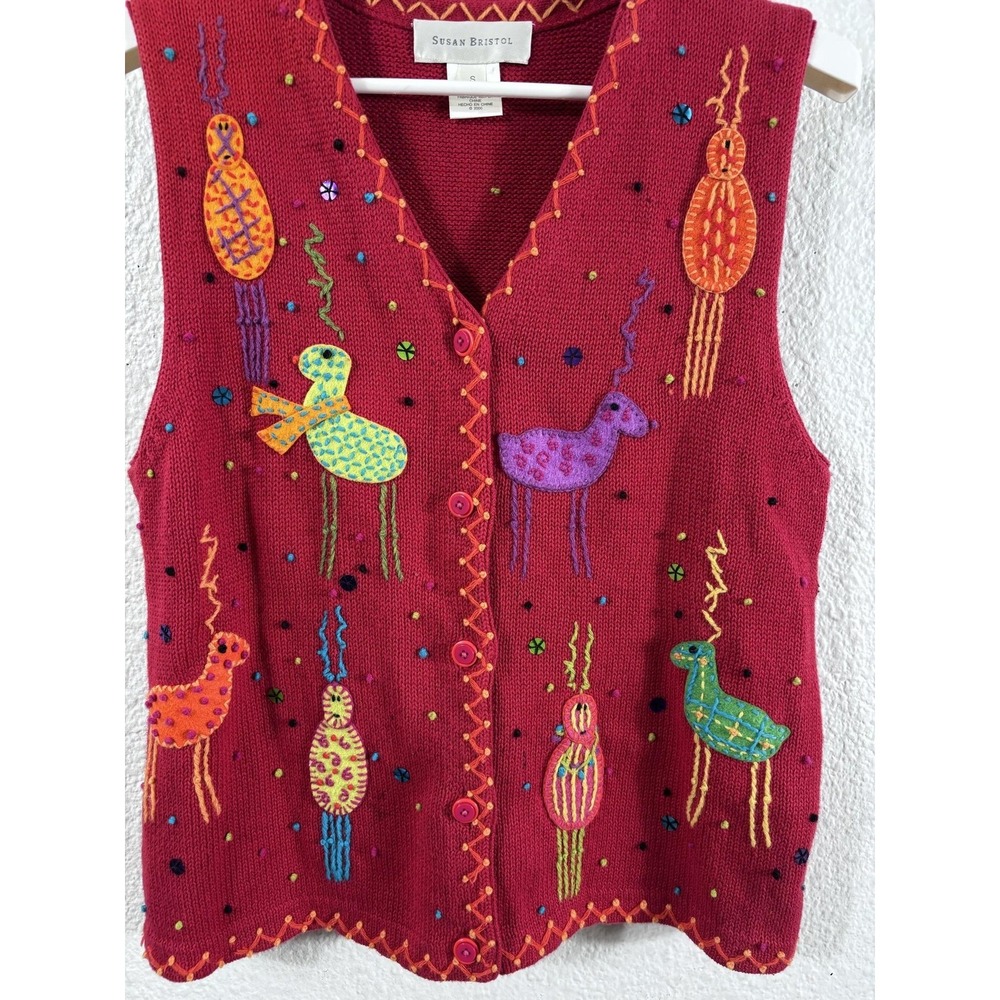 Vintage Susan Bristol Sweater Vest Womens Small Pink Hand Embroidered Animals